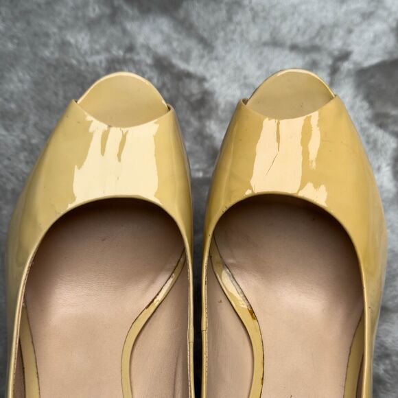 Pour La Victoire Tan Patent Leather Open Toe Wedge Wooden Heel Womens Size 10 - Picture 12 of 16